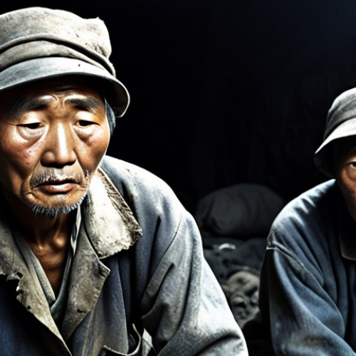Home 11 **Image:** A poignant scene depicting elderly Korean forced laborers in worn clothing, working in a dimly lit Japanese coal mine during the occupation era. Emphasize the harsh conditions and their expressions of hardship and resilience. The image should evoke the pain and suffering endured, reflecting a somber historical reality.