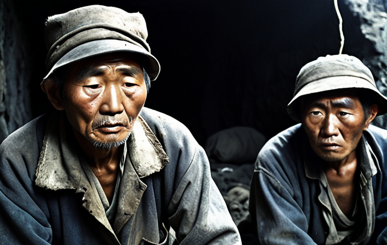 **Image:** A poignant scene depicting elderly Korean forced laborers in worn clothing, working in a dimly lit Japanese coal mine during the occupation era. Emphasize the harsh conditions and their expressions of hardship and resilience. The image should evoke the pain and suffering endured, reflecting a somber historical reality.