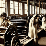 **A sepia-toned photograph depicting a crowded textile mill scene in British India, late 19th century. Weary-looking laborers in simple clothing are working at noisy machines. A banner in Urdu script is partially visible, suggesting an early labor movement. The overall atmosphere is one of hardship and nascent resistance. The light is dim, emphasizing the difficult working conditions.**