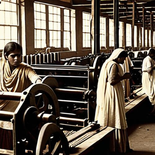 Home 6 **A sepia-toned photograph depicting a crowded textile mill scene in British India, late 19th century. Weary-looking laborers in simple clothing are working at noisy machines. A banner in Urdu script is partially visible, suggesting an early labor movement. The overall atmosphere is one of hardship and nascent resistance. The light is dim, emphasizing the difficult working conditions.**