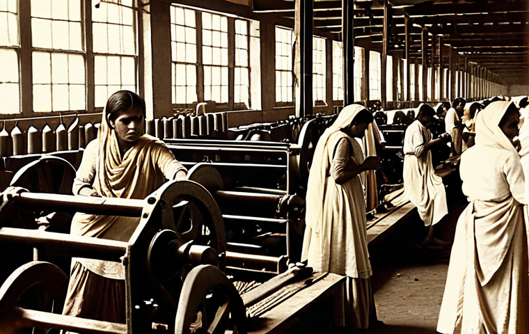 **A sepia-toned photograph depicting a crowded textile mill scene in British India, late 19th century. Weary-looking laborers in simple clothing are working at noisy machines. A banner in Urdu script is partially visible, suggesting an early labor movement. The overall atmosphere is one of hardship and nascent resistance. The light is dim, emphasizing the difficult working conditions.**