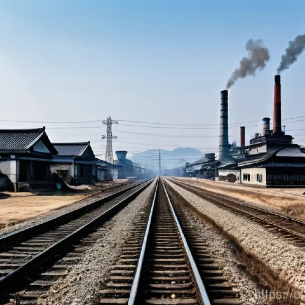 일제 강점기 공업화와 노동력 수급 - **Industrialization's Shadow:** A panoramic view of an early 20th-century Korean landscape under Jap...