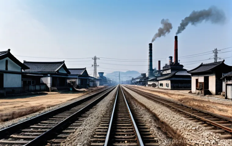 일제 강점기 공업화와 노동력 수급 - **Industrialization's Shadow:** A panoramic view of an early 20th-century Korean landscape under Jap...