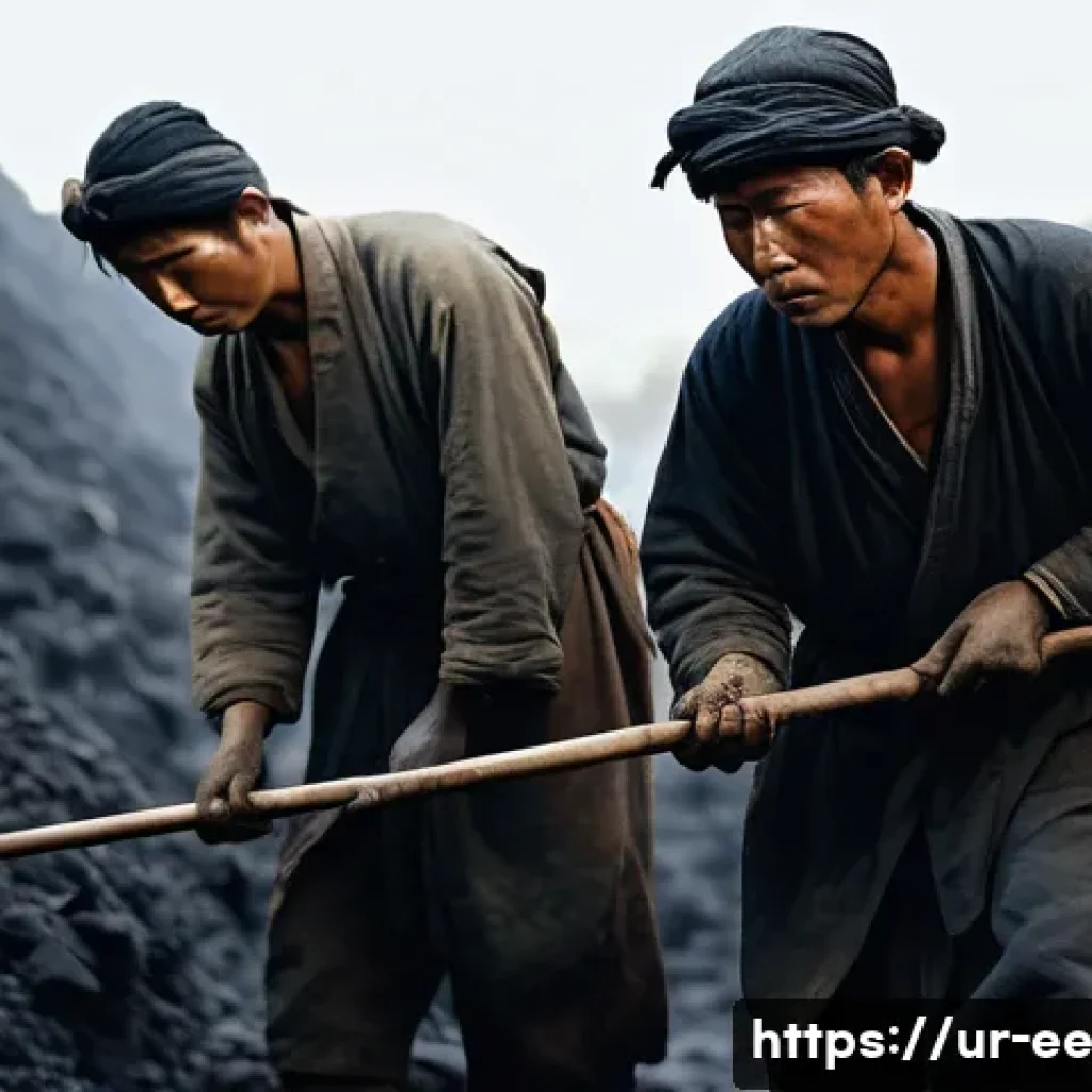 일제 강점기 한국인의 근로 조건 - **Prompt:** A historical realistic painting depicting Korean male laborers in a dimly lit, cramped c...