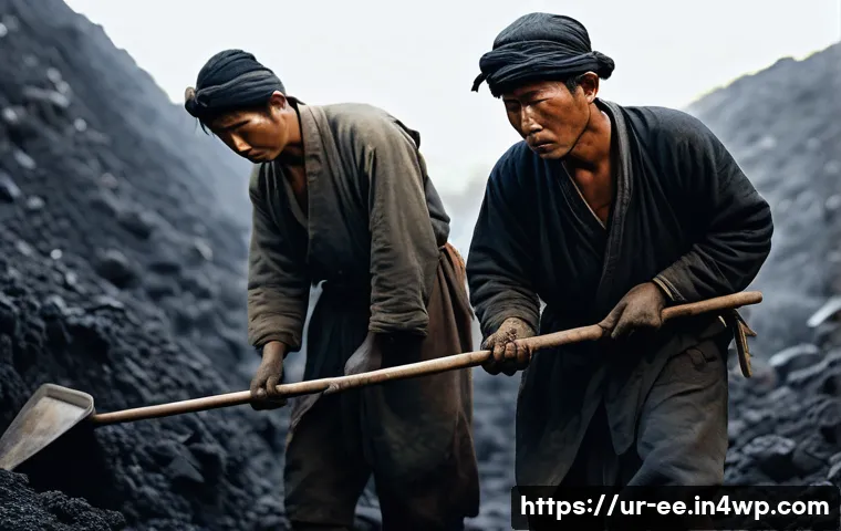 일제 강점기 한국인의 근로 조건 - **Prompt:** A historical realistic painting depicting Korean male laborers in a dimly lit, cramped c...