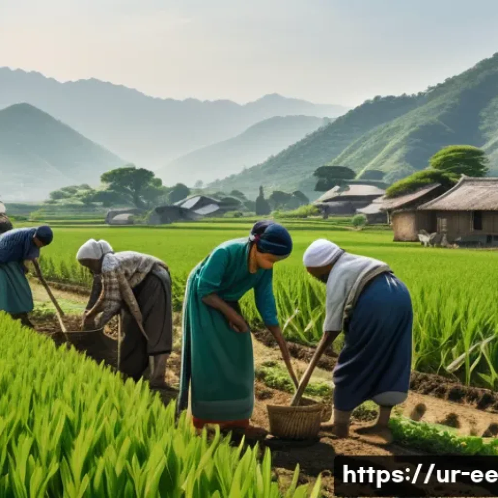 일제 근무에 대한 대중의 인식 - A detailed scene depicting hardworking agricultural laborers in rural Japanese-ruled South Asia, wea...