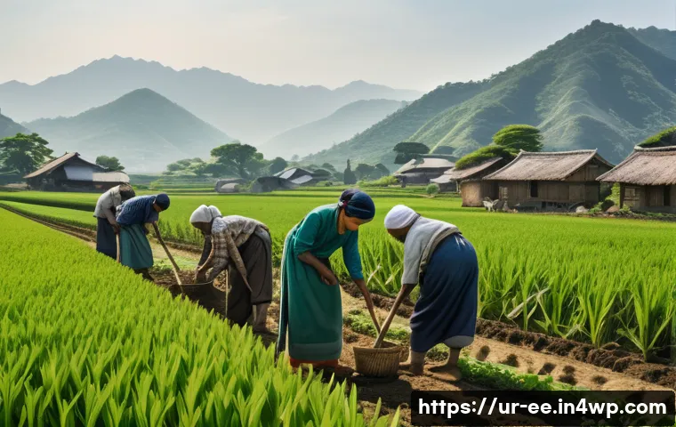 일제 근무에 대한 대중의 인식 - A detailed scene depicting hardworking agricultural laborers in rural Japanese-ruled South Asia, wea...
