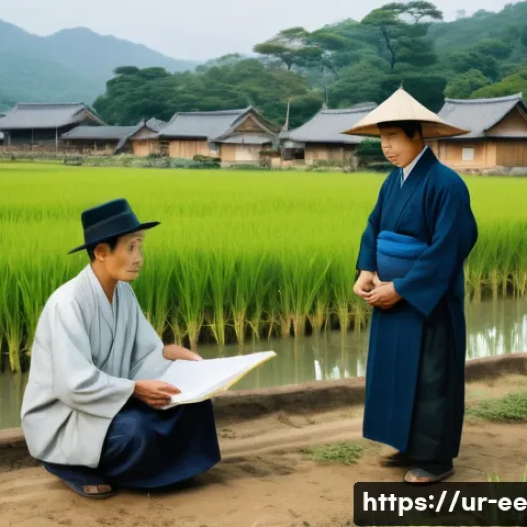 일제 강점기 공무원의 역할과 영향 - A detailed historical scene depicting Japanese government officials in early 20th century rural Asia...