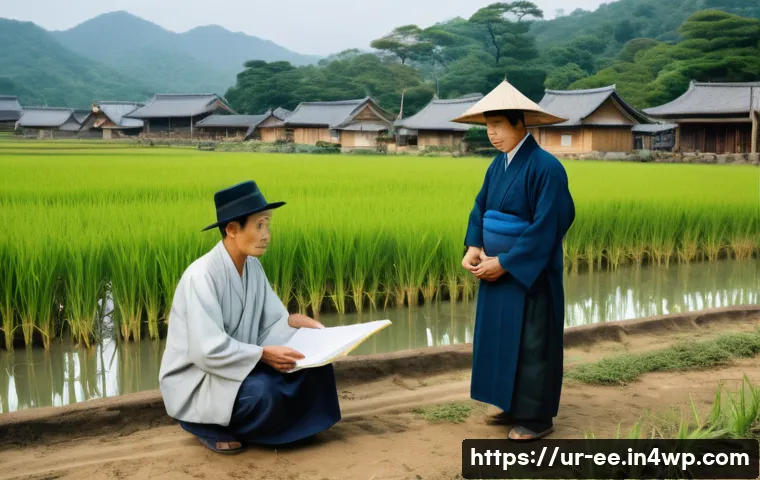 일제 강점기 공무원의 역할과 영향 - A detailed historical scene depicting Japanese government officials in early 20th century rural Asia...