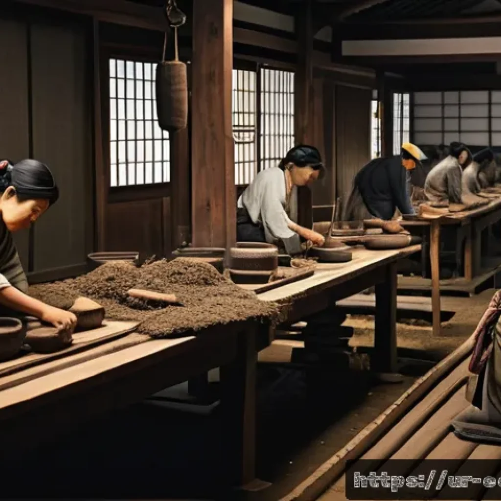 일제하 노동자의 인권 문제 - A detailed scene depicting ancient Japanese laborers working intensely in a traditional factory sett...