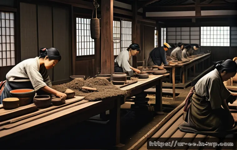 일제하 노동자의 인권 문제 - A detailed scene depicting ancient Japanese laborers working intensely in a traditional factory sett...