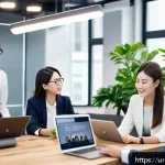 Home 22 일제 근무와 한국의 노동 인식 변화 - A modern South Korean office scene featuring a diverse group of young professionals, including women...