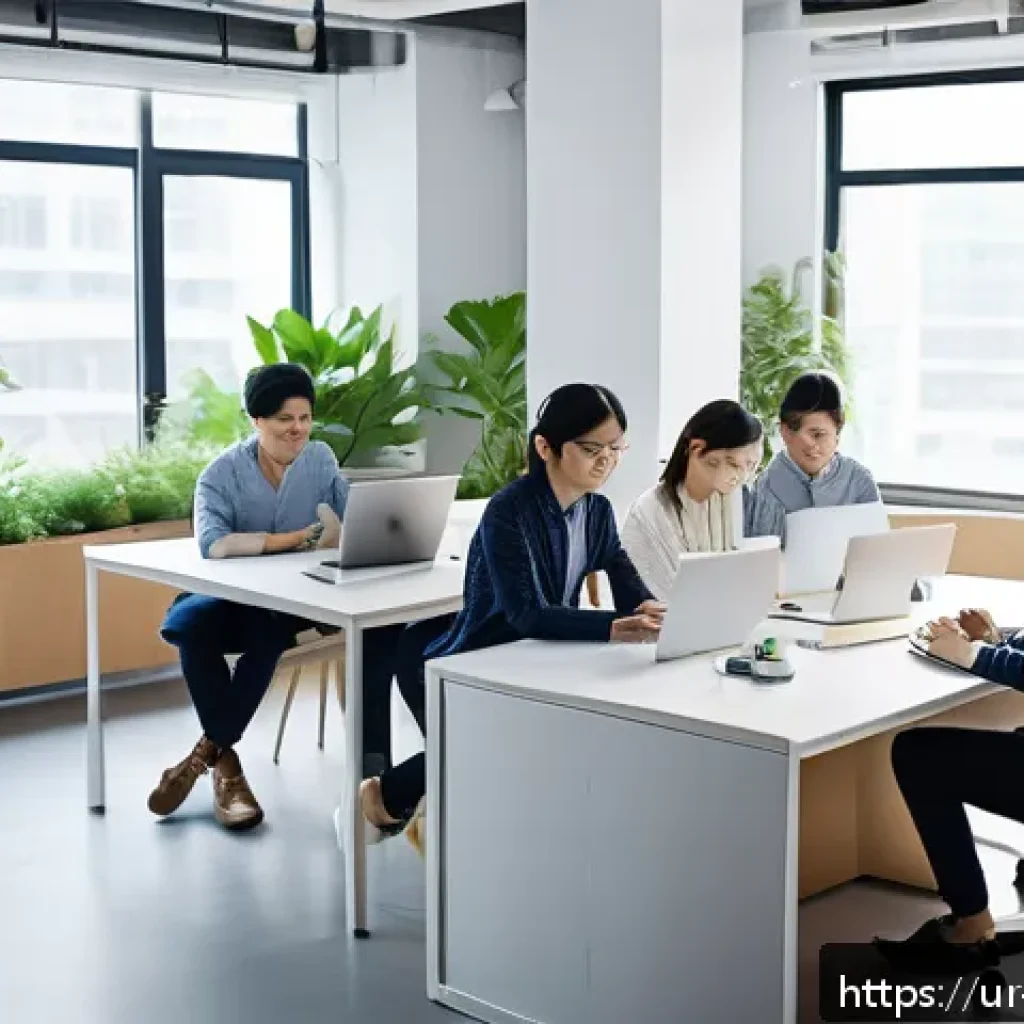 일제하 근무와 현대 한국 사회의 문제 - A modern South Korean office scene showing a diverse group of young professionals in business casual...