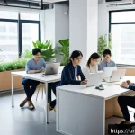 Home 21 일제하 근무와 현대 한국 사회의 문제 - A modern South Korean office scene showing a diverse group of young professionals in business casual...