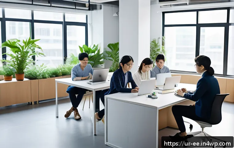 일제하 근무와 현대 한국 사회의 문제 - A modern South Korean office scene showing a diverse group of young professionals in business casual...