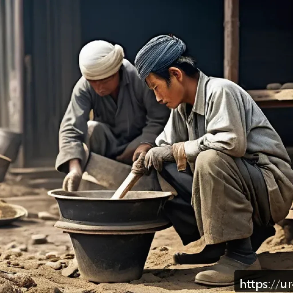 일제 강점기 노동의 글로벌 시각 - A detailed scene depicting hardworking laborers during Japan’s era of servitude, wearing modest work...