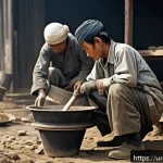 Home 20 일제 강점기 노동의 글로벌 시각 - A detailed scene depicting hardworking laborers during Japan’s era of servitude, wearing modest work...