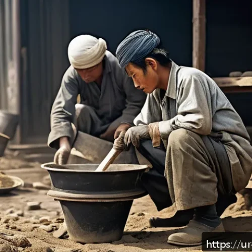 Home 32 일제 강점기 노동의 글로벌 시각 - A detailed scene depicting hardworking laborers during Japan’s era of servitude, wearing modest work...