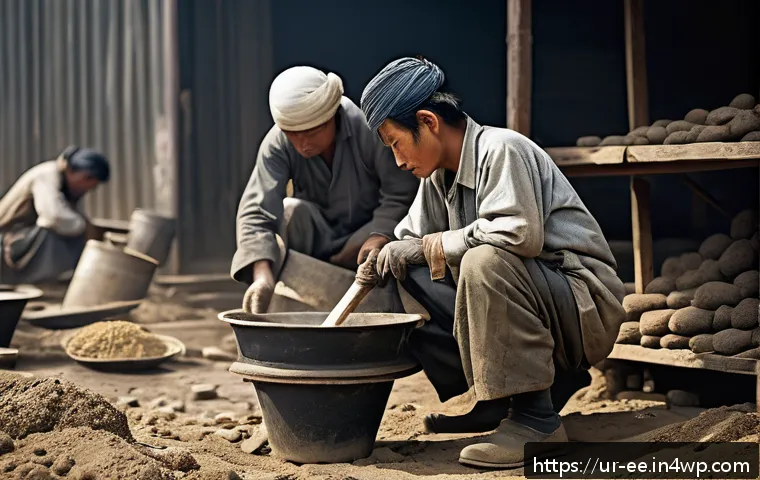 일제 강점기 노동의 글로벌 시각 - A detailed scene depicting hardworking laborers during Japan’s era of servitude, wearing modest work...