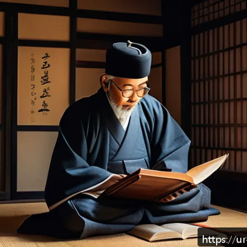 일제하 지식인의 근무 현실 - A detailed scene depicting an 18th-century Japanese scholar secretly conducting a study session insi...
