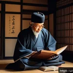 Home 19 일제하 지식인의 근무 현실 - A detailed scene depicting an 18th-century Japanese scholar secretly conducting a study session insi...