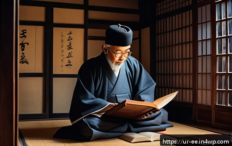 일제하 지식인의 근무 현실 - A detailed scene depicting an 18th-century Japanese scholar secretly conducting a study session insi...