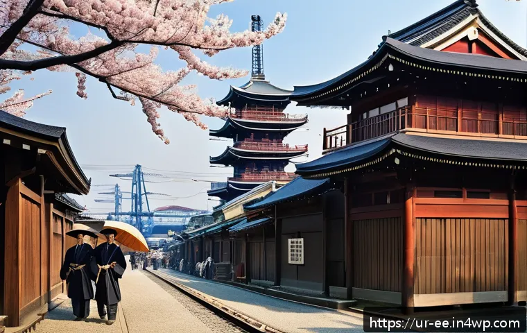 일제 근무의 정치적 맥락 - A detailed historical scene depicting the Meiji era (1868-1912) in Japan, showcasing a blend of trad...