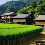 Home 23 일제하 농촌 근무의 실상 - A serene Japanese rural village scene during harvest season, showcasing a close-knit community of fa...