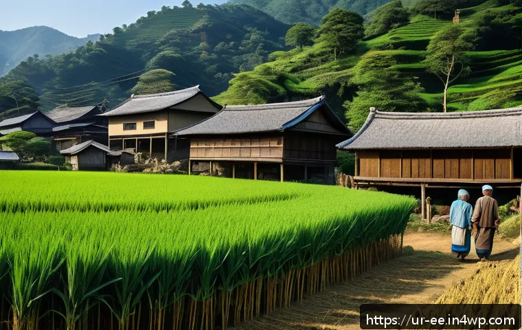 일제하 농촌 근무의 실상 - A serene Japanese rural village scene during harvest season, showcasing a close-knit community of fa...