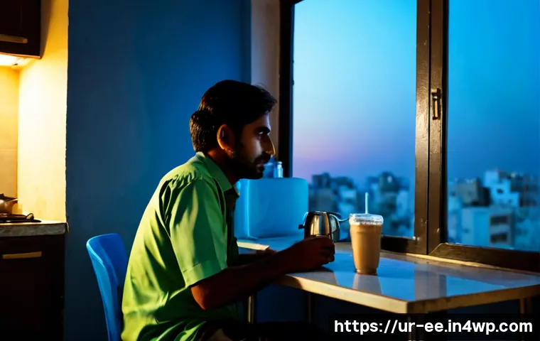 Home 17 일제 근무의 심리적 영향 - Photorealistic Pakistani night-shift worker in a modest Karachi apartment kitchen at early dawn, sit...